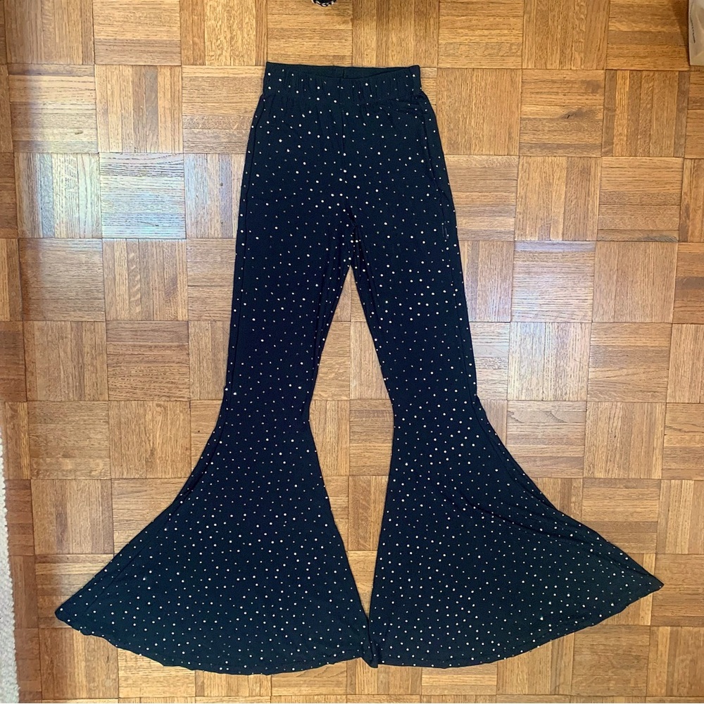 Sheer Mesh Black High-Waisted Sparkly Bell-Bottom Flare Pants by KikiRiki Size S